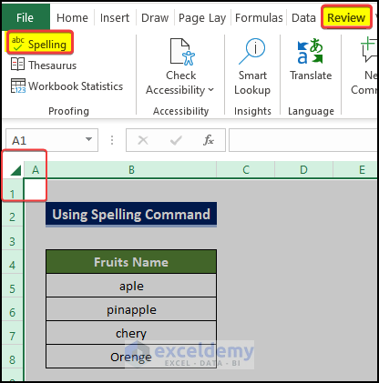 Check Specific Worksheets for Spelling Mistakes to Check Spelling and Grammar Check in Excel