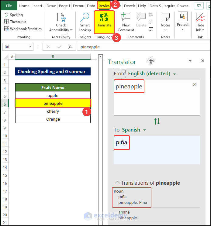 Additional Grammar Resources in Excel:Translate
