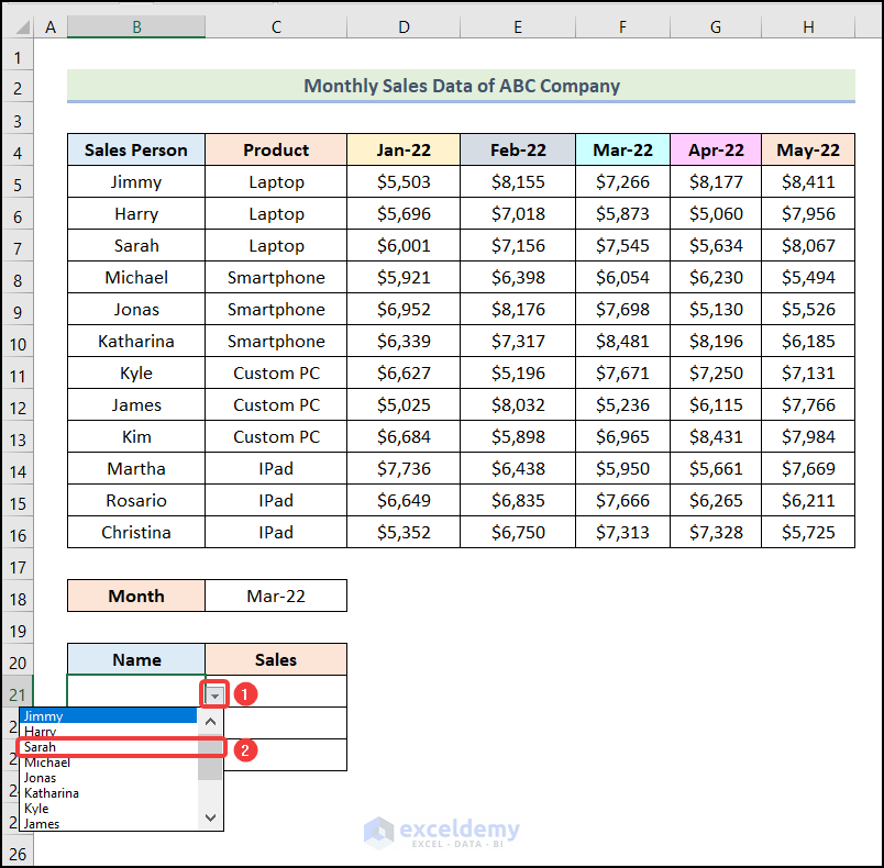 Selecting name to Use SUMPRODUCT with INDEX and MATCH Functions in Excel