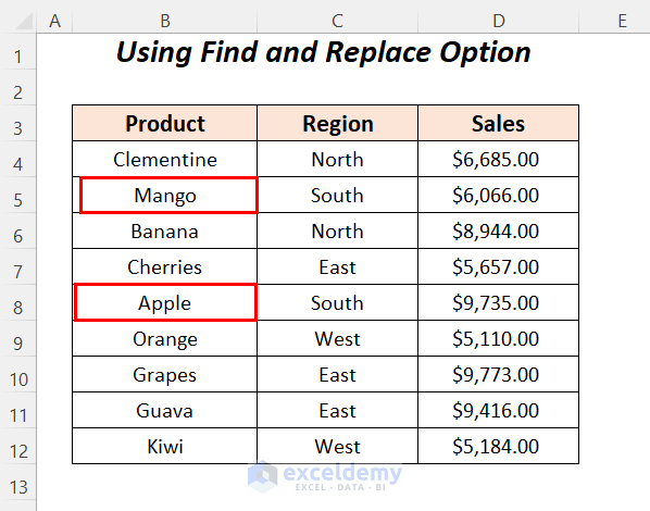 using find and replace option to swap non adjacent cells in excel