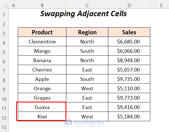 swap values of adjacent cells