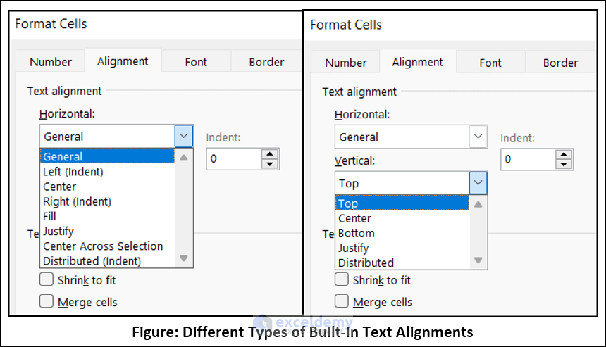 Different types of built-in Excel alignments