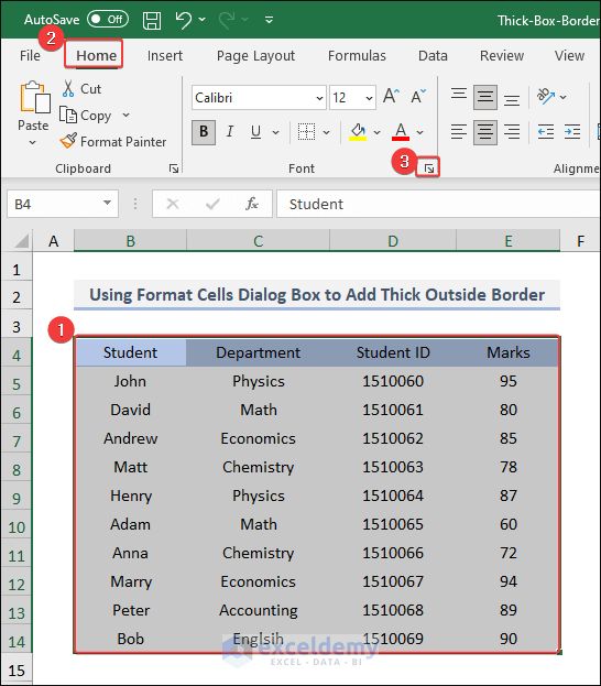 Selecting Cells and Opening Format Cells Box