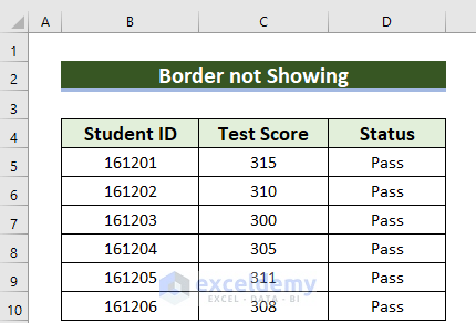  Dataset for Border not Showing in Excel