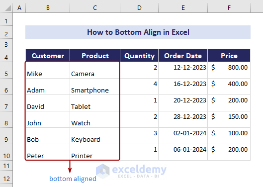 How to bottom align in Excel