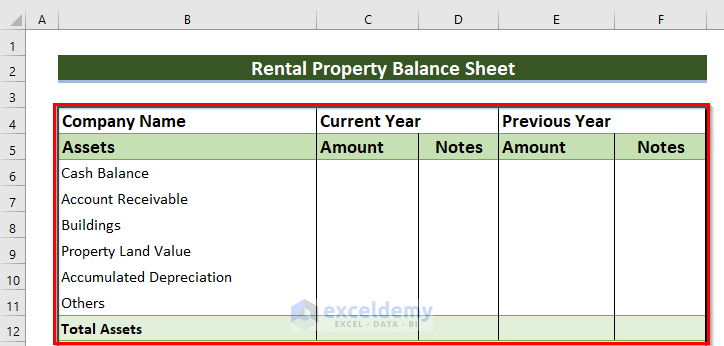 Manually Creating Rental Property Balance Sheet in Excel