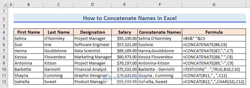 how to concatenate names in Excel