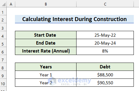 Calculation of Interest During Construction in Excel