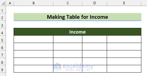Make Table for Income to Create Zero based Budget in Excel