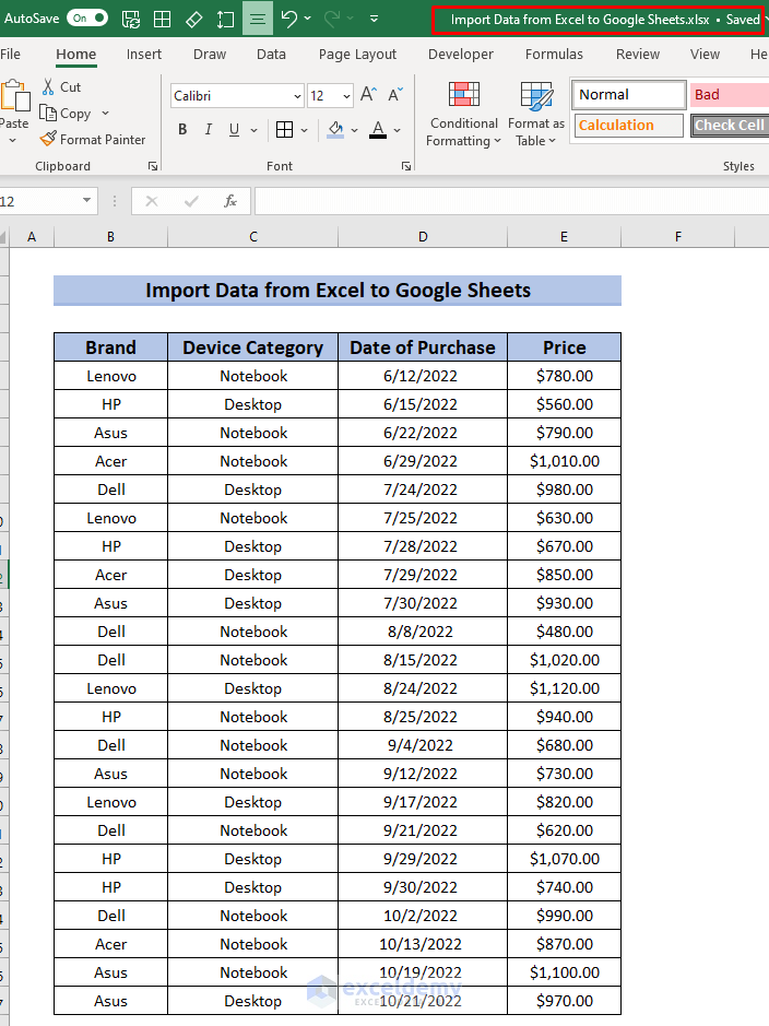 Dataset of Import Data from Excel to Google Sheets