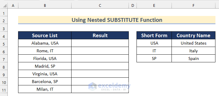 Use Nested SUBSTITUTE Function to Replace Multiple Words in Word from Excel List