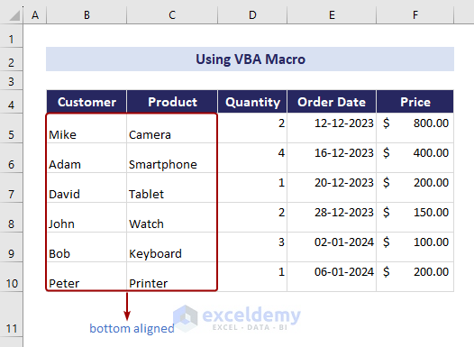 Bottom align in Excel with VBA macro