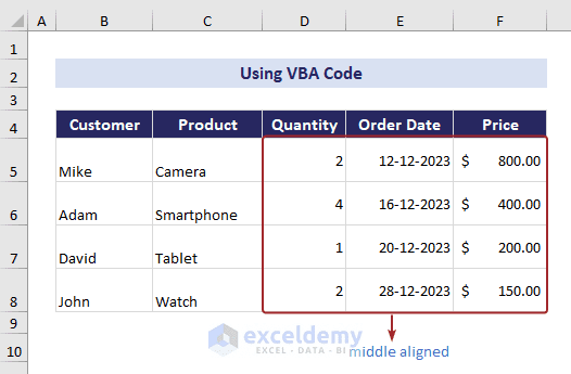 Middle align in Excel with VBA code