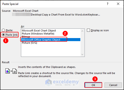 using paste link option and Microsoft graphic object to copy chart from Excel to word