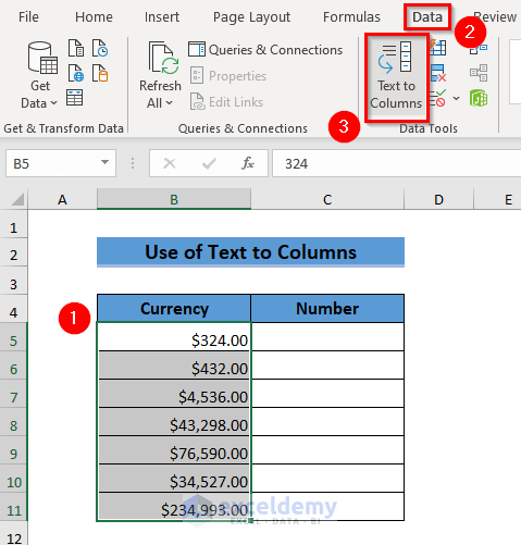 Employing Text to Columns Convert Currency to Number in Excel