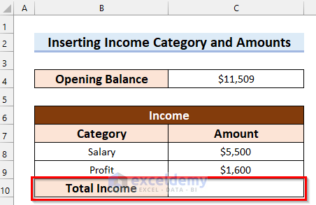 Making Section for Total Income to Create a Personal Cash Flow Statement in Excel