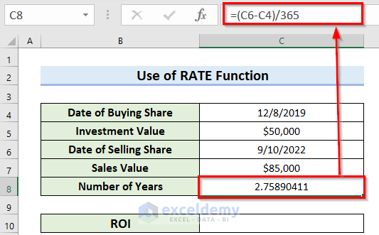 Use of RATE Function to Calculate Annual ROI Percentage in Excel