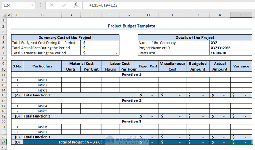 Project Cost Template in Excel