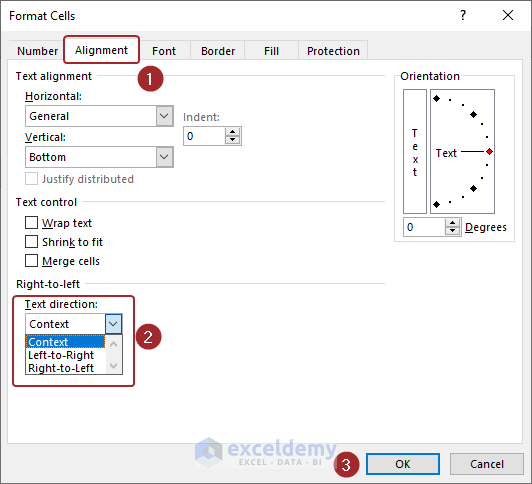 Text Direction option in Format Cells