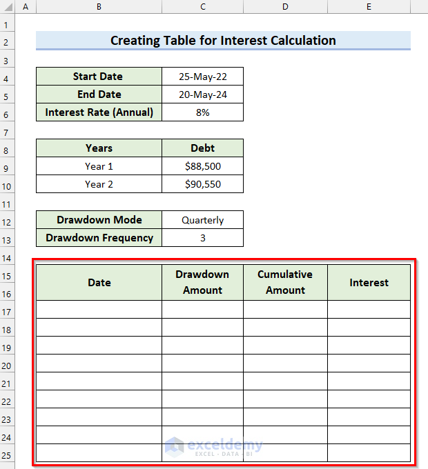 Create Table for Calculation of Interest During Construction in Excel