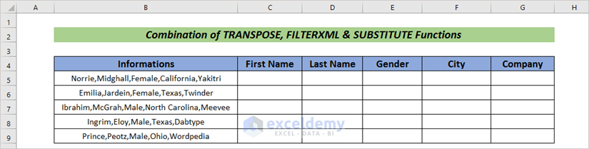 Combine TRANSPOSE, FILTERXML & SUBSTITUTE Functions to Split Text to Columns Automatically