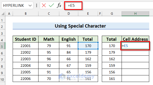 Using Special Character to Copy Cell Address in Excel