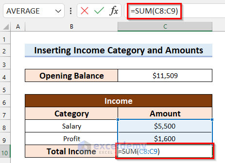 Using SUM function to Calculate Total Income to Create a Personal Cash Flow Statement in Excel