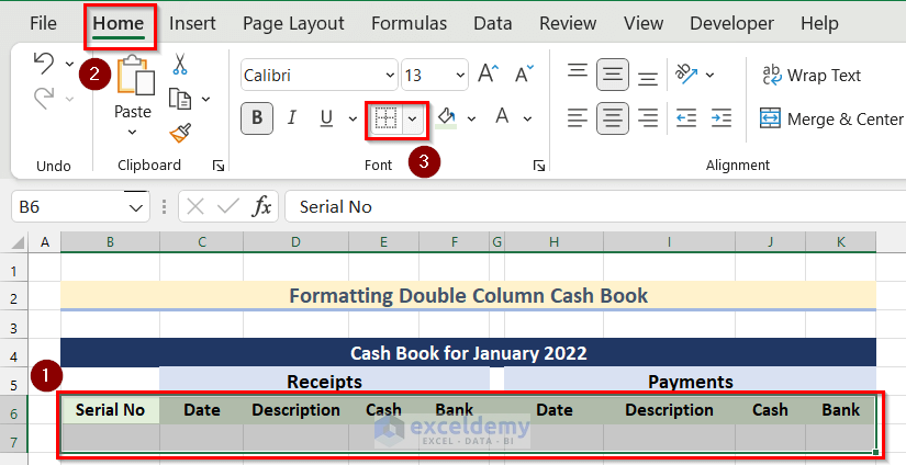 Creating Table to Format Double Column Cash Book in Excel