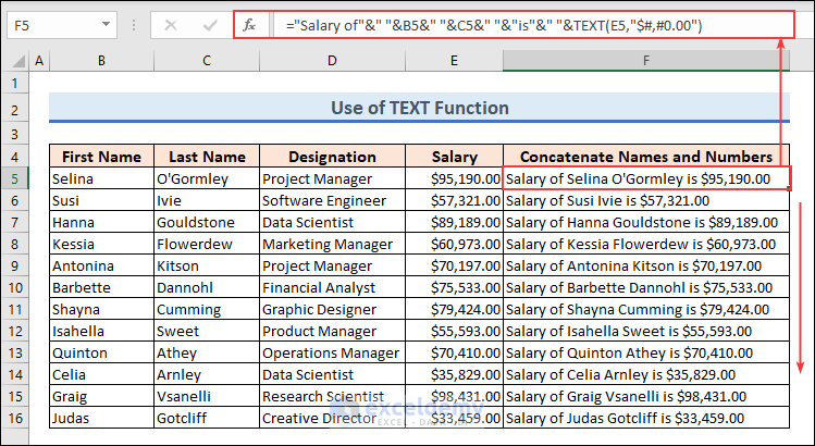 11.5-Apply Excel TEXT formula to concatenate names and numbers