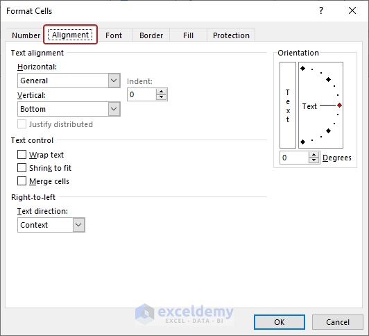 Alignment tab in Format Cells dialog box