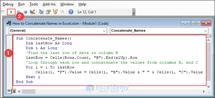 12-Copy and paste the VBA code to run