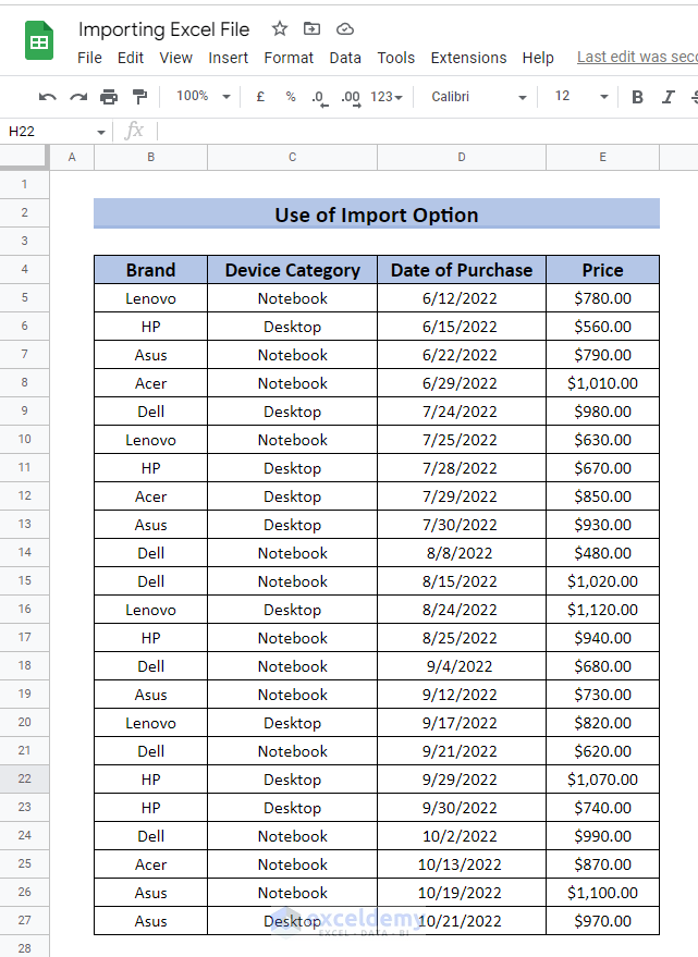  Imported Data from Excel to Google Sheets