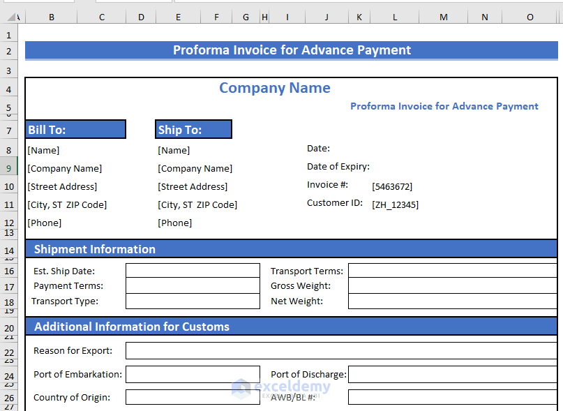 Formatting of Proforma Invoice for Advance Payment in Excel