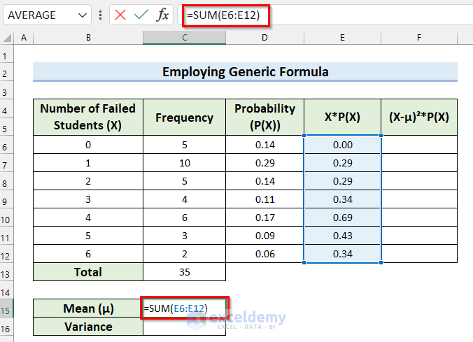 Using SUM Function to Calculate Mean for Variance of Probability Distribution in Excel