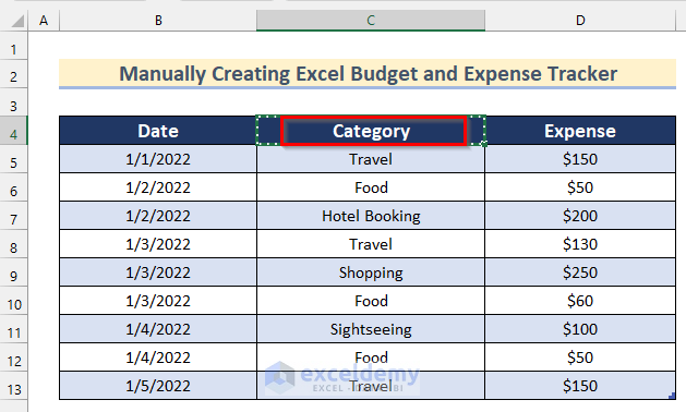 Enter Categories for Budgeting and Expense Tracking in Excel