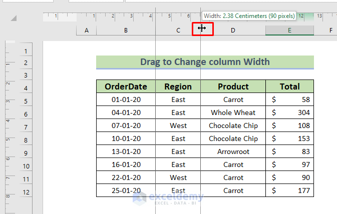 Dragging Column to Change Width in cm