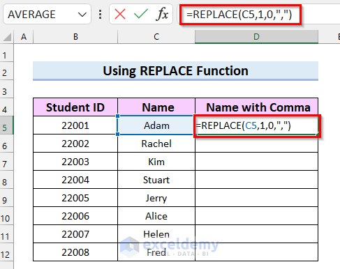 Include Comma Before Text Using Excel REPLACE Function