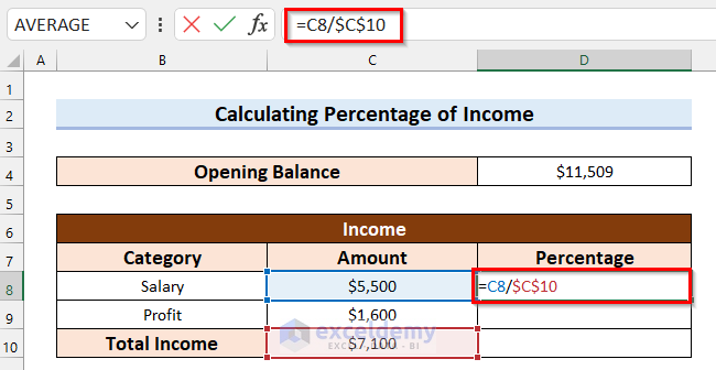 Calculating Percentage of Income to Create a Personal Cash Flow Statement in Excel