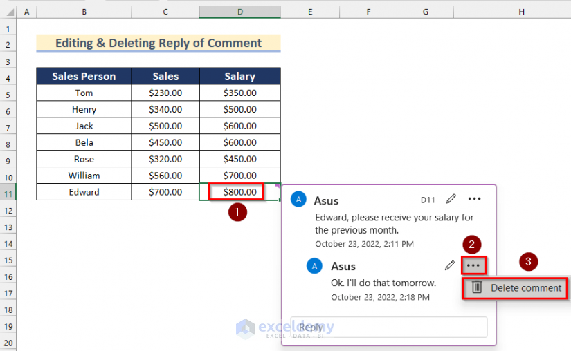 How to Delete Reply of a Comment in Excel
