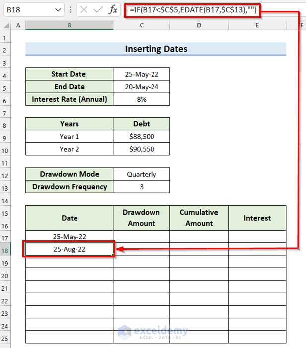 Using IF and EDATE functions for Calculation of Interest During Construction in Excel