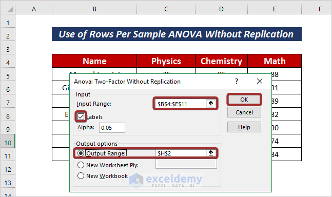 Rows Per Sample ANOVA Excel