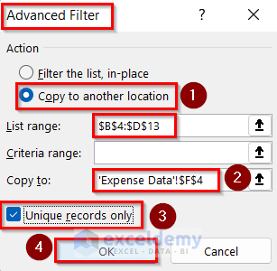 Opening Advanced Filter Box Enter Categories for Budgeting and Expense Tracking in Excel