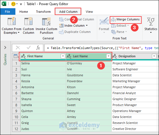 16-Apply the Merge Columns feature from the Power Query Editor