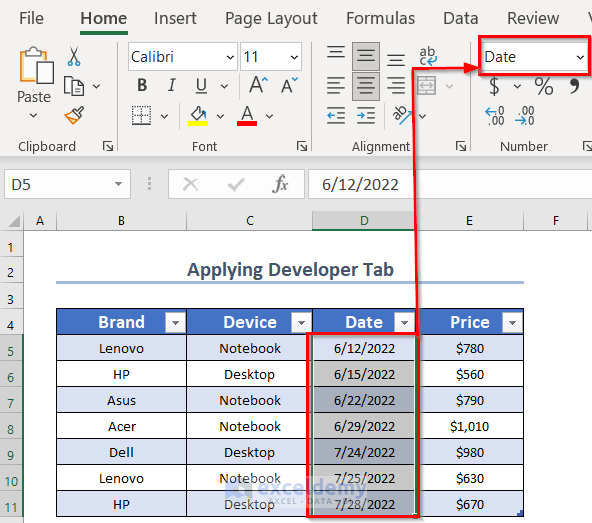 Formatted result of the converted xml file to Excel table