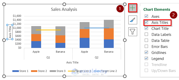 Adding Axis Titles to Create Clustered Stacked Column Combo Chart with Lines in Excel