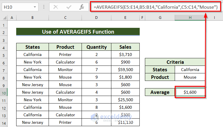 Use of AVERAGEIFS Function with Multiple Criteria in Excel