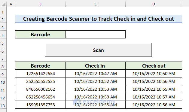 Final Output for Barcode Scanner to Track Check in and Check out in Excel