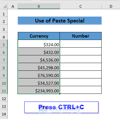 5. Using Paste Special Feature to Convert Currency to Number