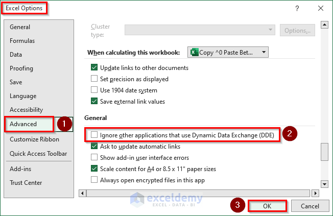 Unchecking Ignore Dynamic Data Exchange (DDE) When Excel Copy and Paste Are Not Working Between Workbooks