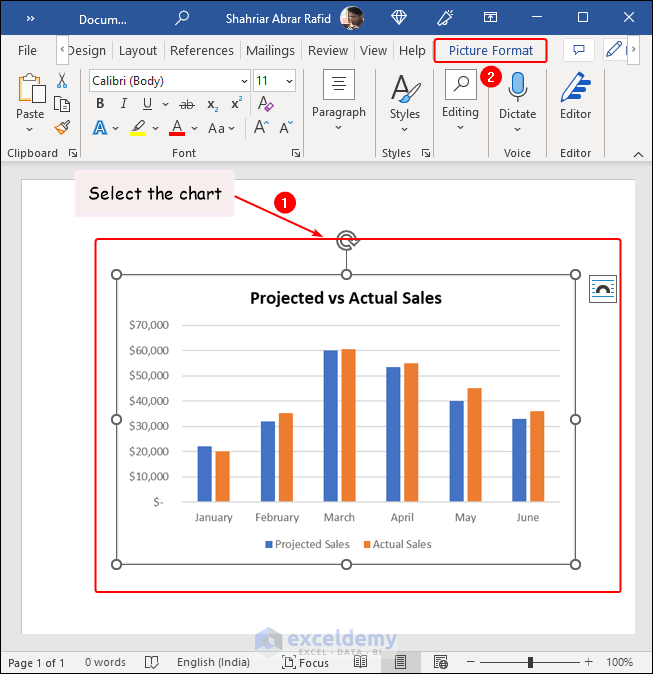 selecting chart and showing picture format tab in ribbon in word